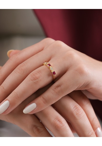 Debora Jewelry 14 Ayar Altın Örüntü Model Pembe Ve Beyaz Taşlı Yüzük