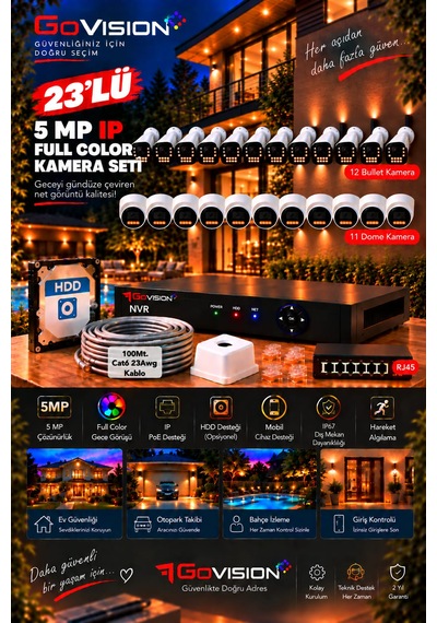 Go Vision 23'lü Güvenlik Dome Ip Kamera Seti - 5mp Dome Kamera, 3.6mm Lens, H.265, Poe, Warm Led Gece Görüşlü