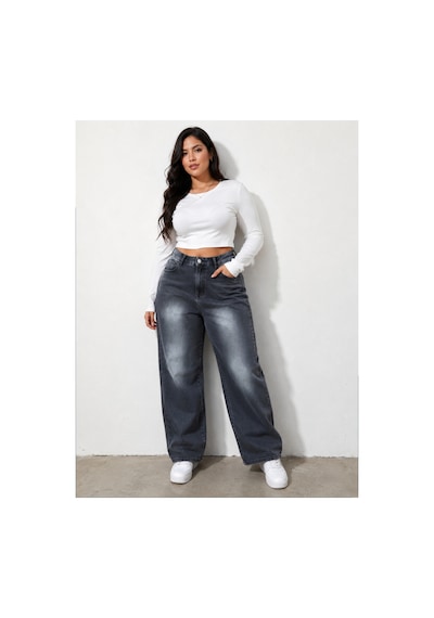 Kene Jeans Kemer Lastik Detaylı Füme İşlemli Battal Boru Paça Jeans Pantolon Füme İşlemli