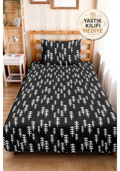 Siyah Geometrik Genç Odası Tek Kişilik Pike Takımı - Modern Minimal 160x220 Cm Kapitone Yatak Örtüsü Hafif Halı Sarmalı