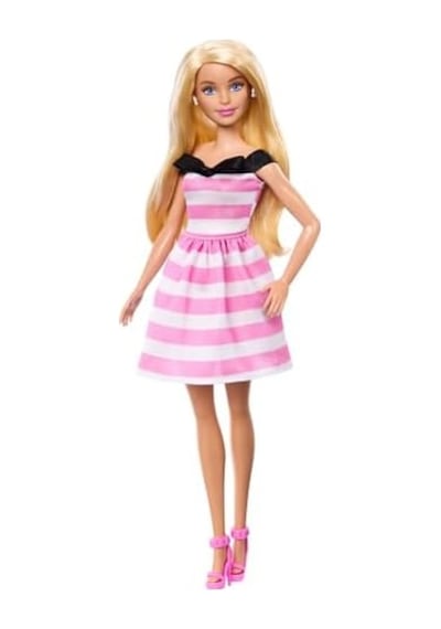Pembe Beyaz Çizgili Elbisesi Ve Topuklu Ayakkabılarıyla 65. Yıla Özel Sarışın Bebek Ve Aksesuarları, Hth66