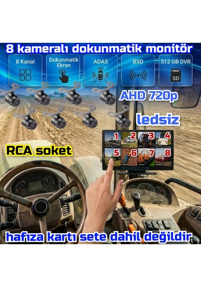 8 Adet Ledsiz Ahd 720p Kelebek Kamera 8 Ch 10 İnç Dokunmatik Ekran 512 Gb Dvr Adas Bsd 12 Volt