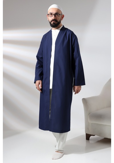 Lacivert Erkek Namaz Elbisesi V Yaka Düğmesiz Önü Açık Namaz Cübbesi 001