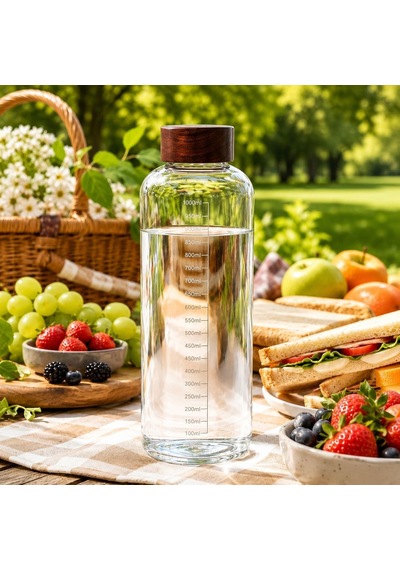 1000 Ml Akasya Kapaklı Cam Matara Ölçekli Su Şişesi Sızdırmaz Kapaklı Şeffaf Cam Suluk