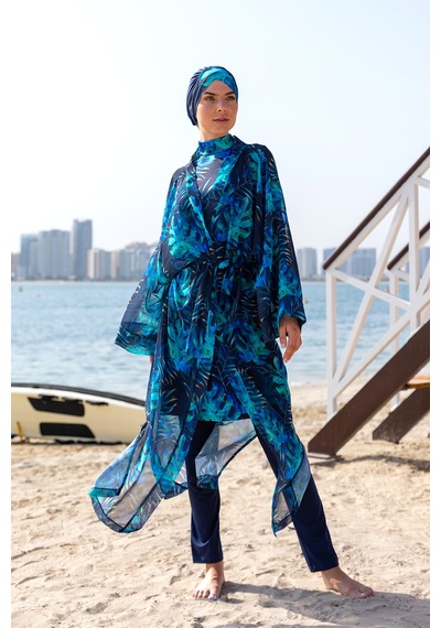 Remsa Mayo Remsa Tesettür Mayo Üzerine Tek Kaftan Kimono Pareo Rp009 Tropikal Lacivert