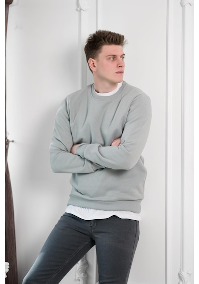Slimfit Sıfır Yaka Basic 3 İplik Erkek Sweatshirt Açık Gri