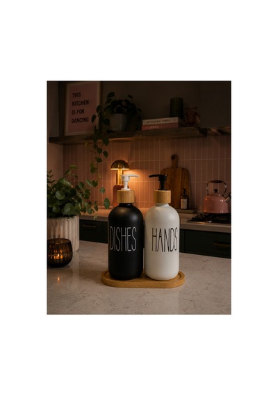 Buççin Online Mağaza Bambu Altlıklı Bambu Kapaklı İkili Cam Sıvı Sabunluk Ve Deterjan Seti 500ml+500ml Cam Beyaz Çok Renkli