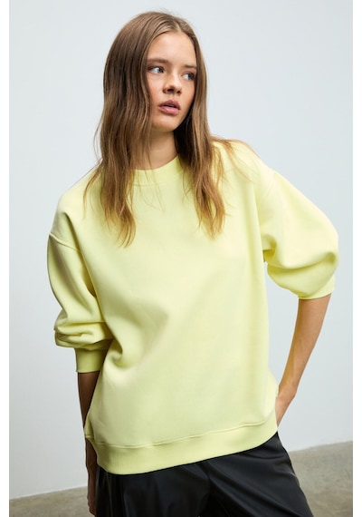 Grımelange KARIUS Kadın Organik Pamuklu İçi Polarlı Oversize Yuvarlak Yakalı Sarı Sweatshirt