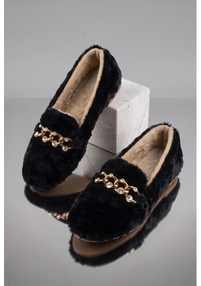 Nmoda Kadın Peluş Panduf Gold Zincir Taşlı Aksesuarlı Kapalı Loafer Yumuşak Tabanlı Kışlık Rahat Babet Siyah