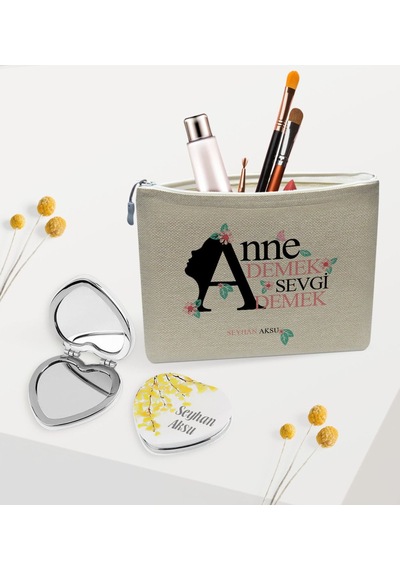 Kişiye Özel Anne Demek Sevgi Demek Keten Makyaj Çantası ve Kalp A