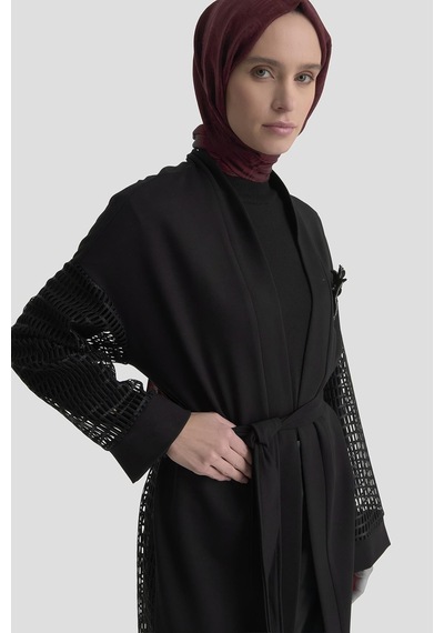 Armine Trend File Ve Broş Detaylı Kemerli Uzun Hırka Siyah 25kt561 Siyah
