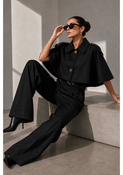 Bb Butik Basic Kadın Premiun Omuz Apoletli Crop Panço Trençkot Fs3434 Siyah