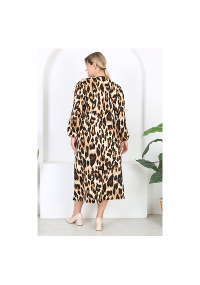 Mooi Xxl Kadın Leopar Desen Kruvaze Yaka Balon Kol Maxi Boy Bürümcük Elbise Leopar