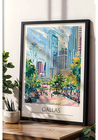 Texas Dallas Temalı Çerçeveli Tablo Travel Serisi Modern İllüstrasyon Şehir Duvar Dekoru Siyah