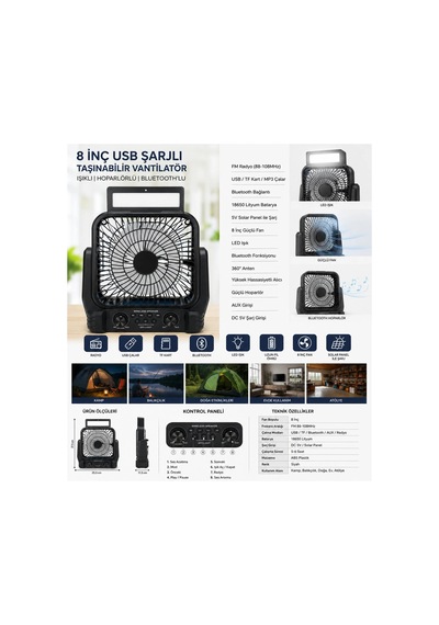 8" İnç Solar Kamp Vantilatörü Fm Radyo, Bluetooth Hoparlör, Led Işık, Pd950