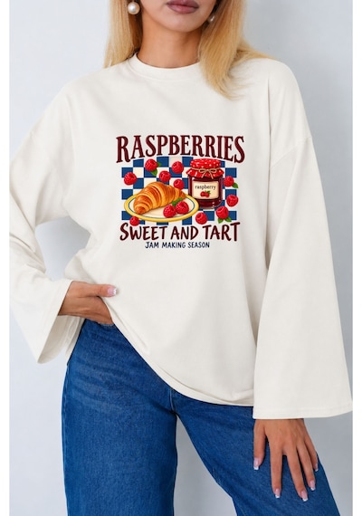 Medinenur Kadın Raspberry Baskılı Geniş Kollu Oversize Body Ekru