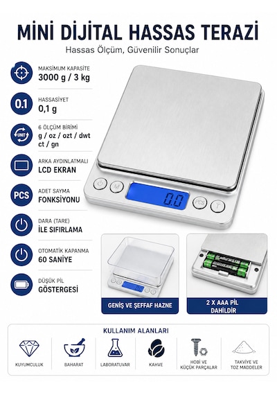 Dijital Hassas Mutfak Tartısı 3000 G Kapasiteli 0,1 G Hassasiyetli Lcd Ekranlı 6 Ölçüm Birimli Açık Gri