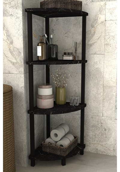 Decoline Banyo Rafı 4 Katlı Moblen Modern Organizer Depolama Ünitesi-siyah Mermer Desen Siyah