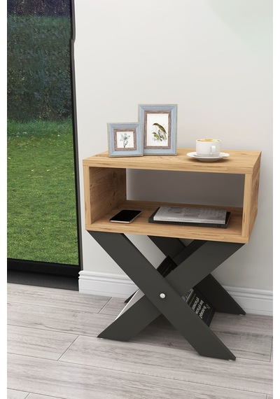 Enda Home X Ayaklı Dergilikli Başucu Komodin Yan Sehpa 33x43 Cm Antrasit & Çam