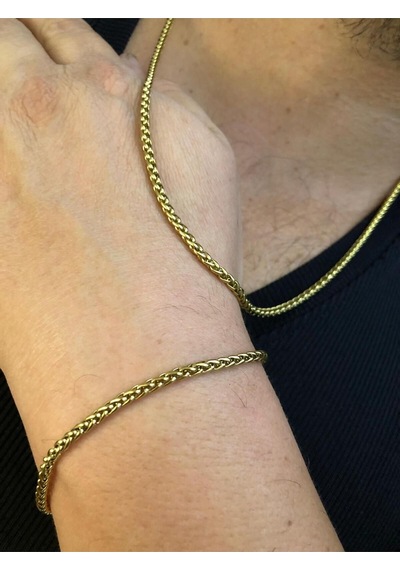 3mm Spiga Altın Kaplama Çelik Erkek Set Işıklı Kutuda Sevgiliye Eşe Babaya Bileklik Kolye