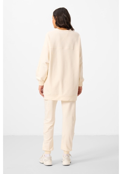 Ekru O Yaka Basic Oversize Kadın Eşofman Tunik Takım - 95347 Ekru