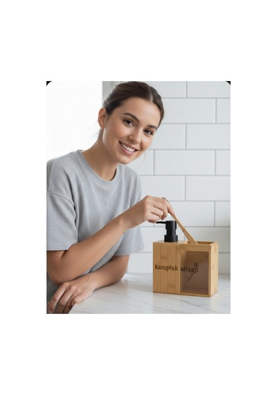 Bambu İkili Banyo Seti - Sıvı Sabunluk & Diş Fırçalık Bambu Banyo Lavabo Organizer Krem