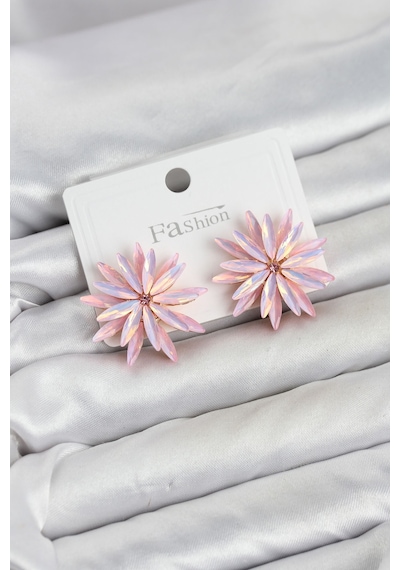 Lotus Model Pembe Renk Kristal Taşlı Kadın Küpe Çok Renkli