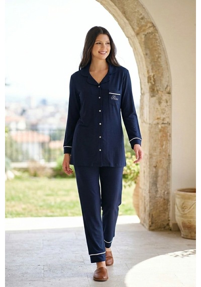 Aura Collections Kadın Lacivert Pamuklu Boydan Düğmeli Gömlek Yaka Uzun Kol Pijama Takımı