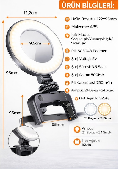Şarjlı Led Halka Işık 3 Mod Işık, Telefon Tutuculu, Masa & Tripod Uyumlu