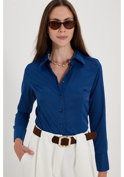Tudors Kadın Slim Fit Dar Kesim Pensli Vücuda Oturan Klasik Yaka Uzun Kollu Likralı Lacivert Gömlek-40362