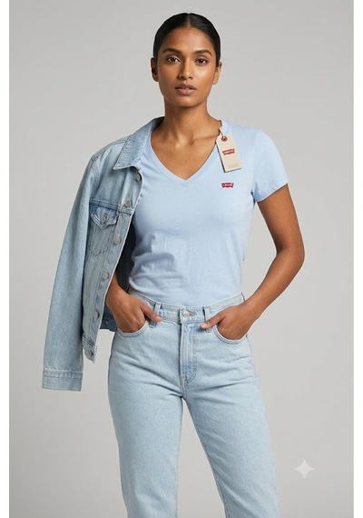 Levi's The Perfect V-yaka Tişört Saf Pamuk Kumaş Açık Mavi