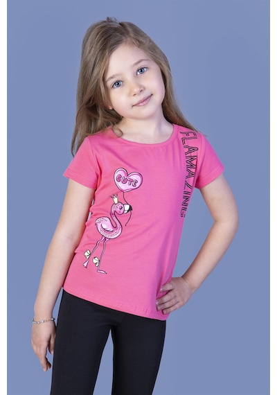 Toontoy Kids Toontoy Kız Çocuk Flamingo Desenli Taş İşlemeli Baskılı Tişört Fuşya