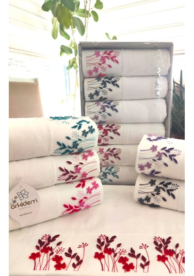 6.lı Set Annem 50x90 Cm. Özel Tafting Nakışlı Kadife Doku Çeyizlik Lüks Havlu Seti Beyaz Beyazdal Beyaz
