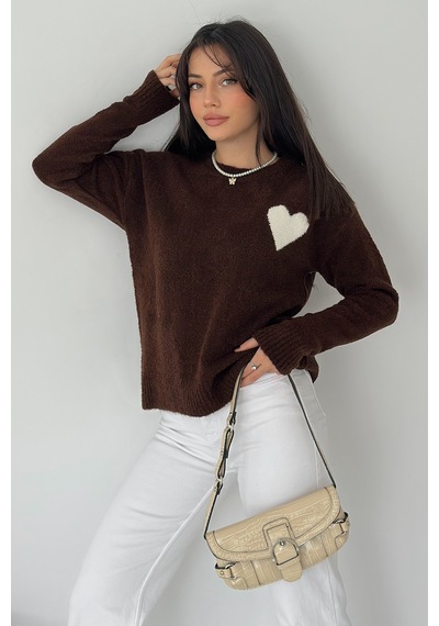 Noa & Noa Kadın Kalpli Kalın Triko Kazak Oversize & Minimal Romantik Stil Kahverengi