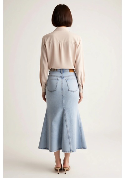 Benerly Kadın Maxi Denim Etek Yüksek Bel Yırtmaçlı Uzun Kesim %99 Pamuk K Açık Mavi