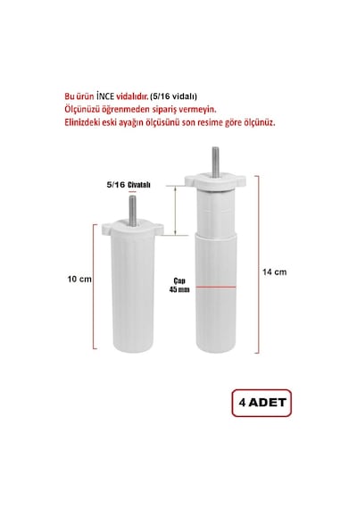 Zeygen Mobilya Koltuk Kanepe Destek Ayağı 4 Adet Beyaz 10Cm 5/16 Vida