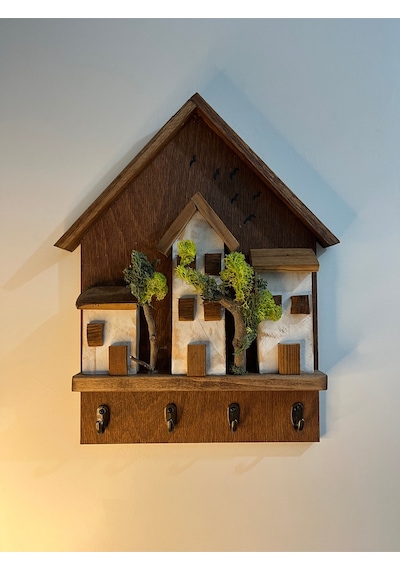 Ahşap Ev Temalı Duvar Askılığı 25x36 Cm 4 Kancalı Anahtarlık , El Yapımı Dekoratif Askı Kahverengi