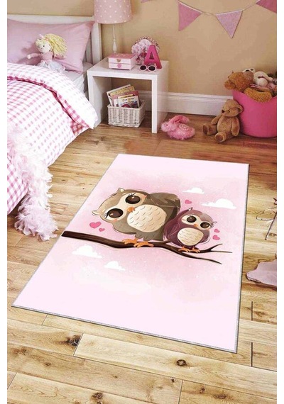 Pembe Kaymaz Tabanlı Yıkanabilir Baykuşlu Bebek Halısı Ar092n11