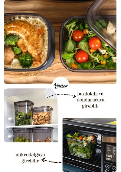 Vienev Peggy Renkli Etiketli Dikdörtgen Saklama Kabı Antrasit 4x 1.3 L + 2 L + 3.2 L 12'li Antrasit