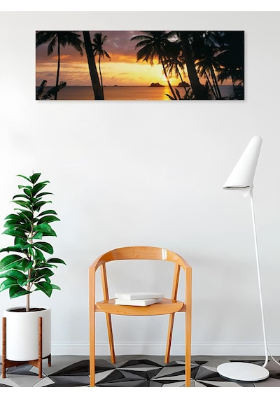 Tropikal Gün Batımı 36x12 Sanatsal Baskı Poster Palmiye Ağaçları Tropikal Ada Kaçamağ