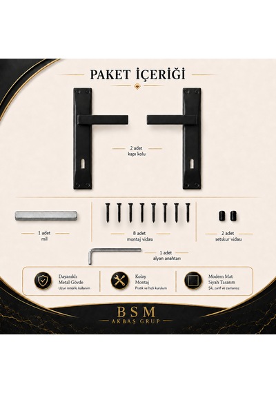 Kare Aynalı Oda Kapı Kolu Mat Siyah Alüminyum Kol Takımı