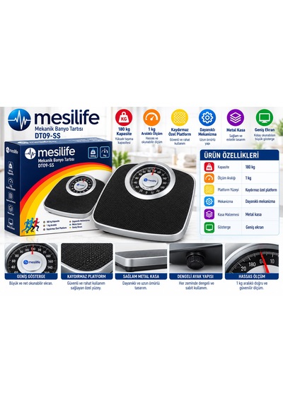 Mesilife Dt09-ss Mekanik Banyo Baskülü 180 Kg Kapasiteli 1 Kg Hassasiyetli Kaymaz Platform Metal Kasa