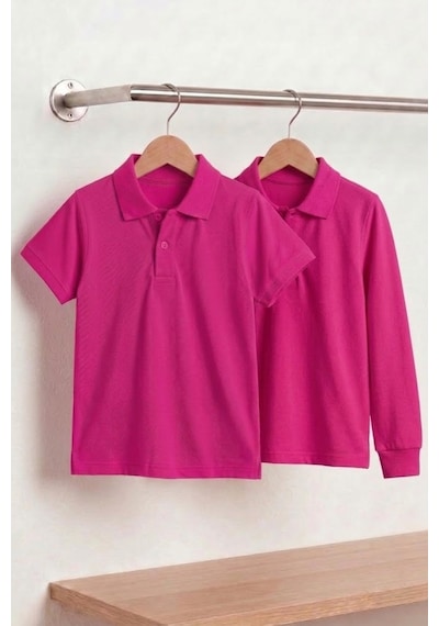 Nacar Store Unisex Çocuk Uzun Ve Kısa Kollu Polo Yaka Okul Tişörtü 2'li Set Fuşya