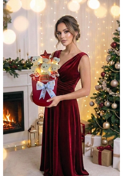 Yeniyıl Özel Seri: Premium Silindir Kutuda Yılbaşı Temalı Led Işıklı Yıldızlı -noel Babalı, Özel Konsept Ayıcık Buketi