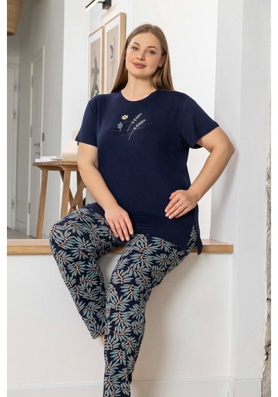 Aydoğan Kadın İnci Büyük Beden Kısa Kol Lacivert Pijama Takım 0058 Lacivert