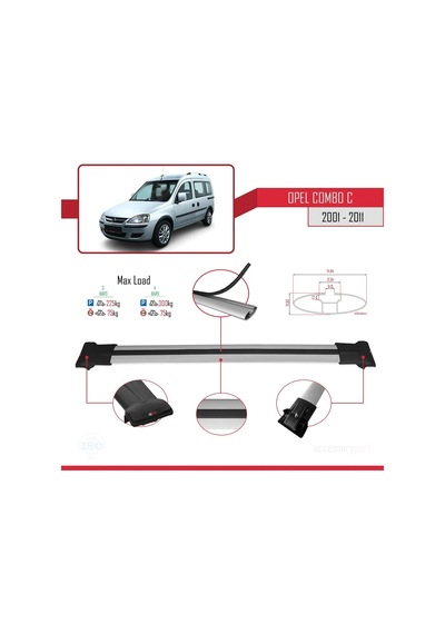 Opel Combo C 2001-2011 Arası İle Uyumlu Fly Model Ara Atkı Tavan Barı Gri 4 Adet Bar