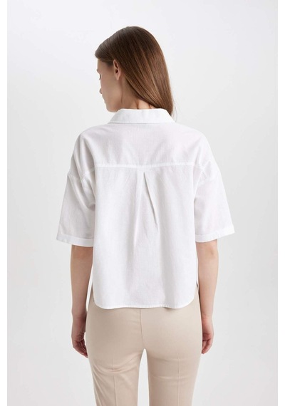 DeFacto Boxy Fit Keten Karışımlı Kısa Kollu Gömlek V2523AZ24SMWT34
