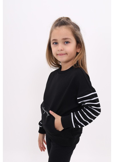 Kız Çocuk Relax Fit Bisiklet Yaka Cepli Baskılı Sweatshirt - Kolu Çizgili & 2 İplik Siyah