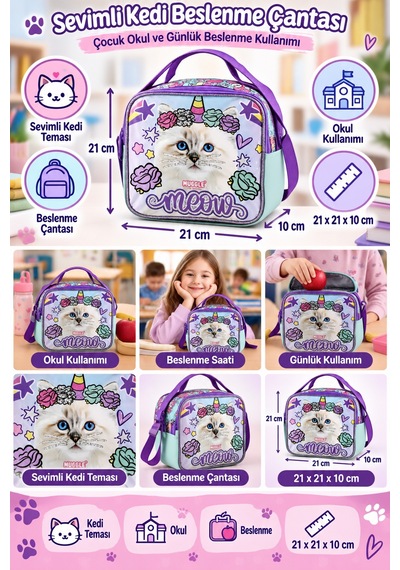 Pretty Cat Sevimli Kedi Beslenme Çantası Çocuk Okul Yemek Çantası Günlük Kullanım 21x21x10 Cm Çok Renkli