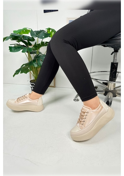 Günlük Kadın Sneaker Taşlı Bağcıklı Tırtıklı Kalın Taban Rugan Oval Burunlu Hafif Spor Ayakkabı 77504 Bej Günlük Kadın Sneaker Taşlı Bağcıklı Tırtıklı Kalın Taban Rugan Oval Burunlu Hafif Spor Ayakkabı 77504 Bej
